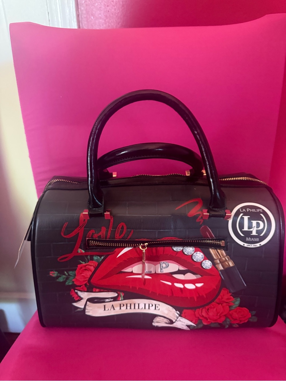 La Philipe Black Satchel with Red Lip Graphic